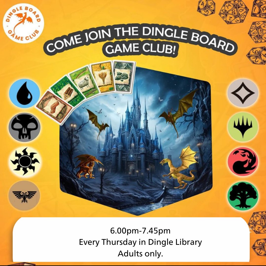 Calling all board games and role playing games enthusiasts! The Dingle Games Club will meet in Dingle Library at 6pm every Thursday. New members welcome. (Adults only).