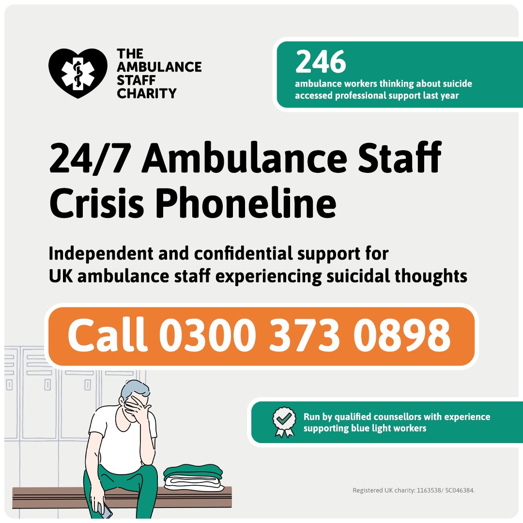 TASCharity's tweet photo. The 24/7 #AmbulanceStaff Crisis Phoneline offers independent &amp; confidential help for UK #Ambulance staff experiencing suicidal thoughts. Providing immediate &amp; ongoing support from counsellors with experience helping #BlueLight workers. T: 0300 373 0898 W: https://t.co/QKhx1lQApL https://t.co/BwxJZhvSUI