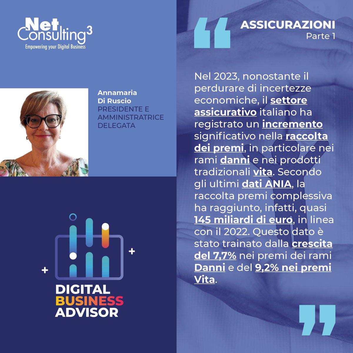 📝👁 #DigitalBusinessAdvisor e le #Assicurazioni in Italia!
 
💭 “La richiesta di #protezione contro #rischi personali e patrimoniali sta spingendo verso un aumento di tutti i rami, non solo #RCAuto (R.C. Auto +4.3%; #Incendio +7,6%; R.C. Generale +7,1%)”

<a href="/annadiruscio/">Annamaria Di Ruscio</a>

↘️