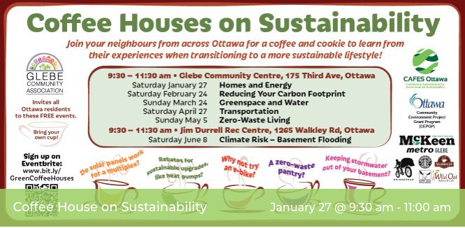 Next up for the sustainable coffee house series: zero-waste living! Join us on May 5 at the Glebe Community Centre. Register here: bit.ly/GreenCoffeeHou…
