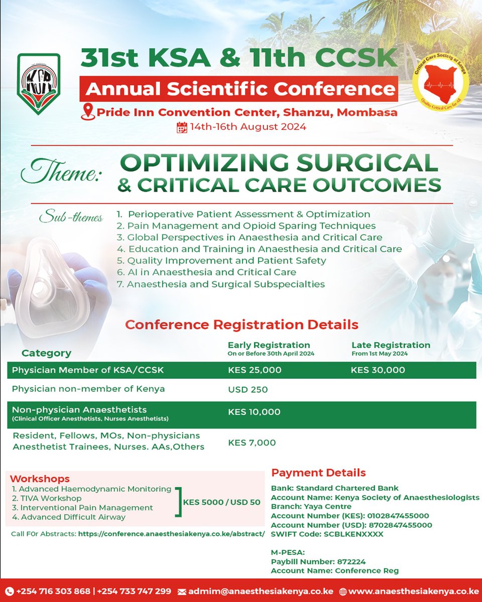 KSA_AnaesthesiaKenya (@anaesthesia_ke) on Twitter photo Exciting news!🌟
Secure your spot at the 31st KSA & 11th CCSK Annual Scientific Conference now!🔥
Don't miss out on early bird registration ending tomorrow, April 30th 2024. Register today!✨.
<a href="/wfsaorg/">WFSA</a> <a href="/SafeKrna/">SafeAnesthesia4All</a> <a href="/anesthesianews/">Anesthesiology News</a>
#anaesthesia_KE Exciting news!🌟
Secure your spot at the 31st KSA & 11th CCSK Annual Scientific Conference now!🔥
Don't miss out on early bird registration ending tomorrow, April 30th 2024. Register today!✨.
<a href="/wfsaorg/">WFSA</a> <a href="/SafeKrna/">SafeAnesthesia4All</a> <a href="/anesthesianews/">Anesthesiology News</a>
#anaesthesia_KE
