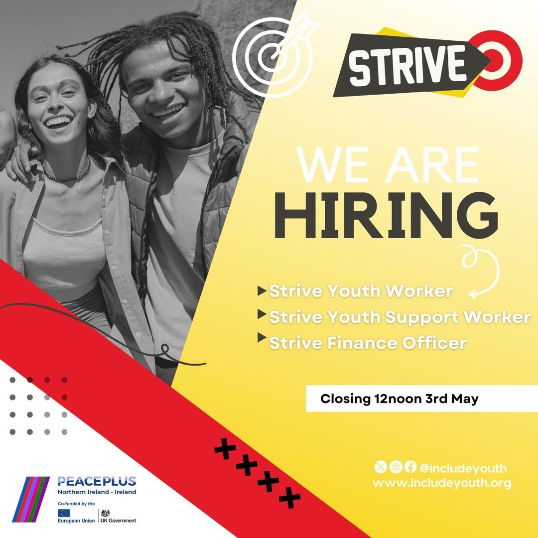 On the job hunt?🔍 @IncludeYouth are recruiting for posts for their Strive project! There are some fantastic opportunities to make a real difference in the lives of young people. Posts based in Belfast & Lifford area. For details go to socialenterpriseni.org/jobs