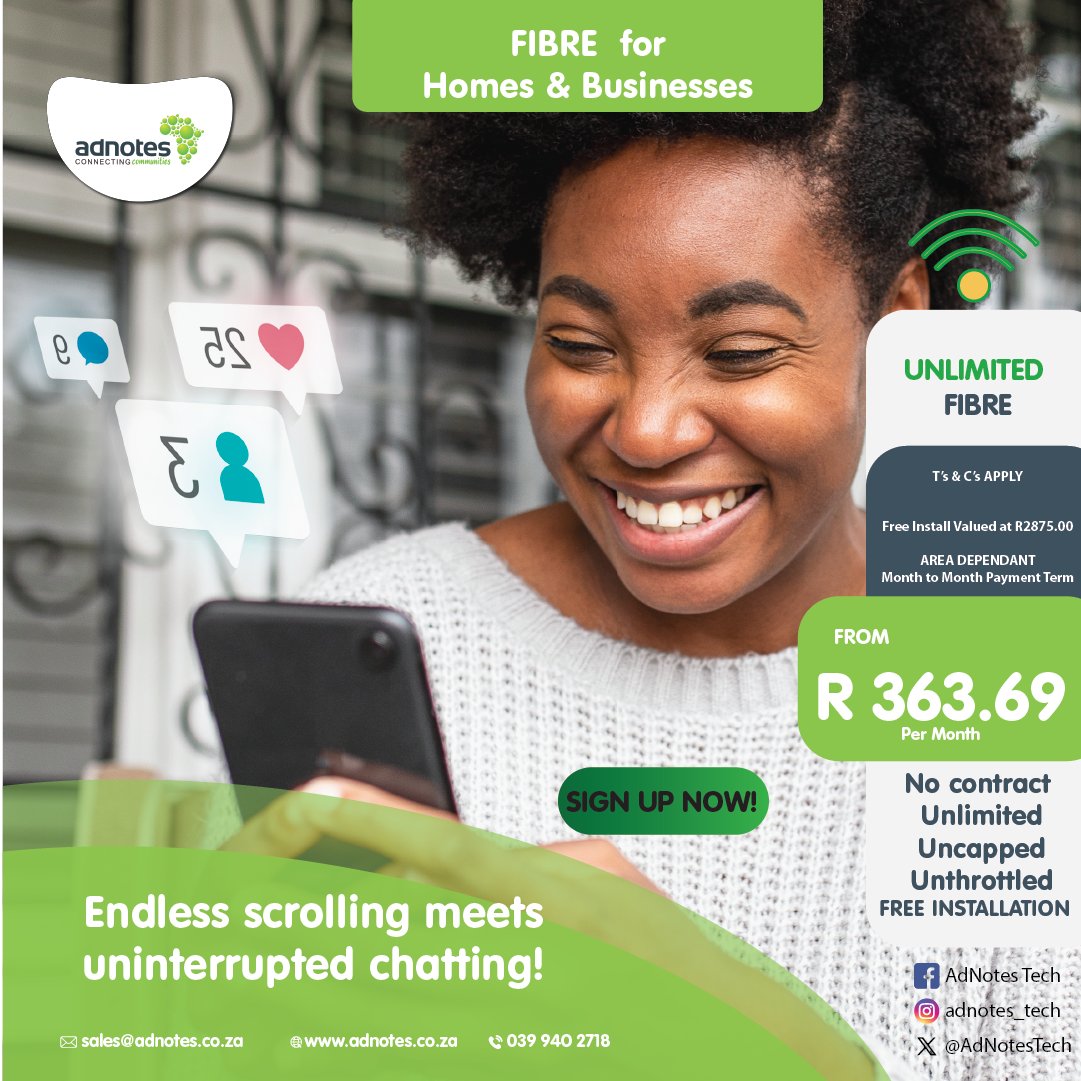 Endless conversations and infinite possibilities await with AdNotes Unlimited, powered by uncapped fibre connectivity to homes and businesses. Dive into seamless chatting and endless scrolling at the speed of light. Explore more at adnotes.co.za 📷 #WIFI #AdNotes #FTTH