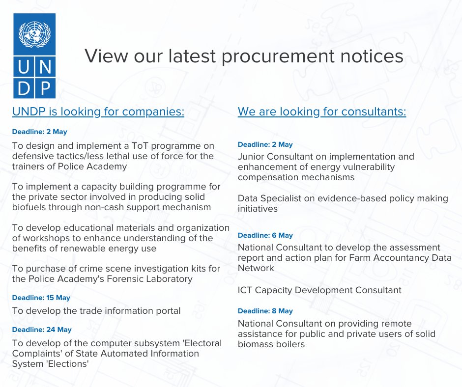 🆕Procurement notices: - Develop the trade information portal: tinyurl.com/2xdpvv6k⏰15 May - Develop computer subsystem 'Electoral Complaints' of State Automated Information System 'Elections': tinyurl.com/aj29at7z⏰24 May More: undp.org/moldova/procur…