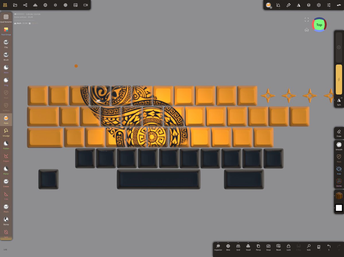 SouthernGFX's tweet photo. Key caps all built out now. Still some of the odd shaped ones to do for our UK ISO keyboards. I’ll do some test prints when I get home. #valence3dapp to #nomadsculpt #cherrymx #keyswitches #cherryblue #keyboard. #mechanicalkeyboard https://t.co/ST188yGAlg