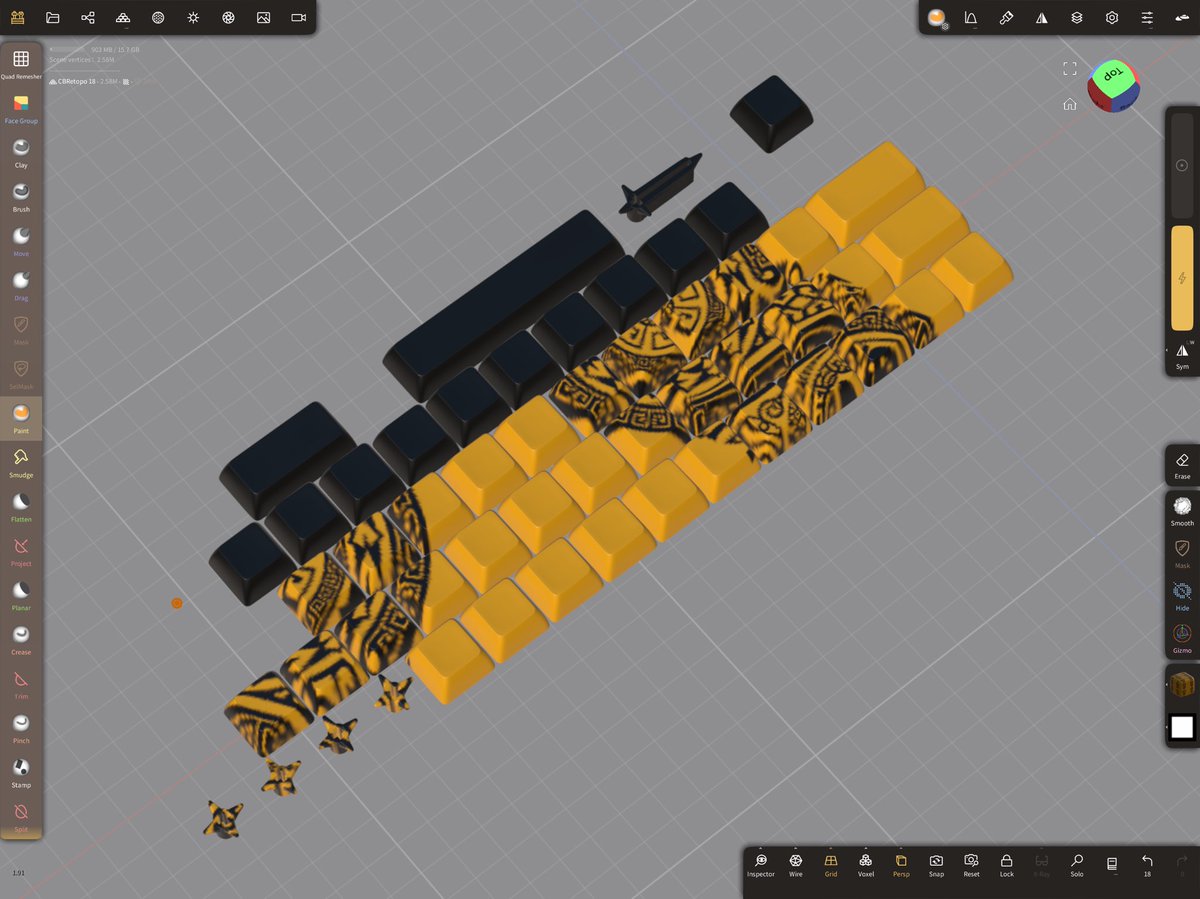 SouthernGFX's tweet photo. Key caps all built out now. Still some of the odd shaped ones to do for our UK ISO keyboards. I’ll do some test prints when I get home. #valence3dapp to #nomadsculpt #cherrymx #keyswitches #cherryblue #keyboard. #mechanicalkeyboard https://t.co/ST188yGAlg