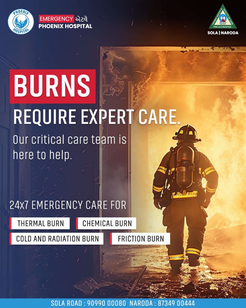 Burns need expert care, and our critical care team is here for you every step of the way.

#BurnCare #CriticalCare #PhoenixCriticalCareHospital #CriticalCareHospitalAhmedabad #CriticalHealthCare #Ahmedabad