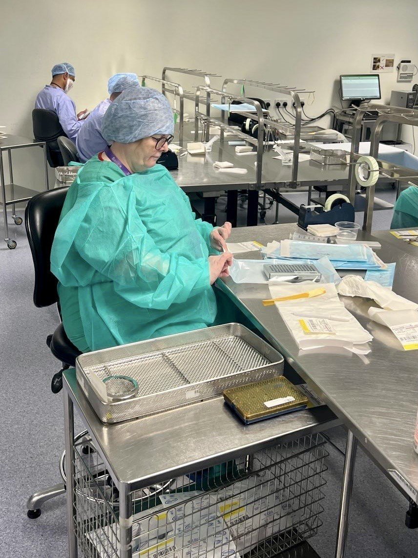 Decontamination X Takeover May 24. Following the washer/disinfection process staff visually inspect, check instruments for damage and wrap trays ready for sterilization. This room is a tested and controlled environment, to ensure conditions for the surgical equipment is optimum.