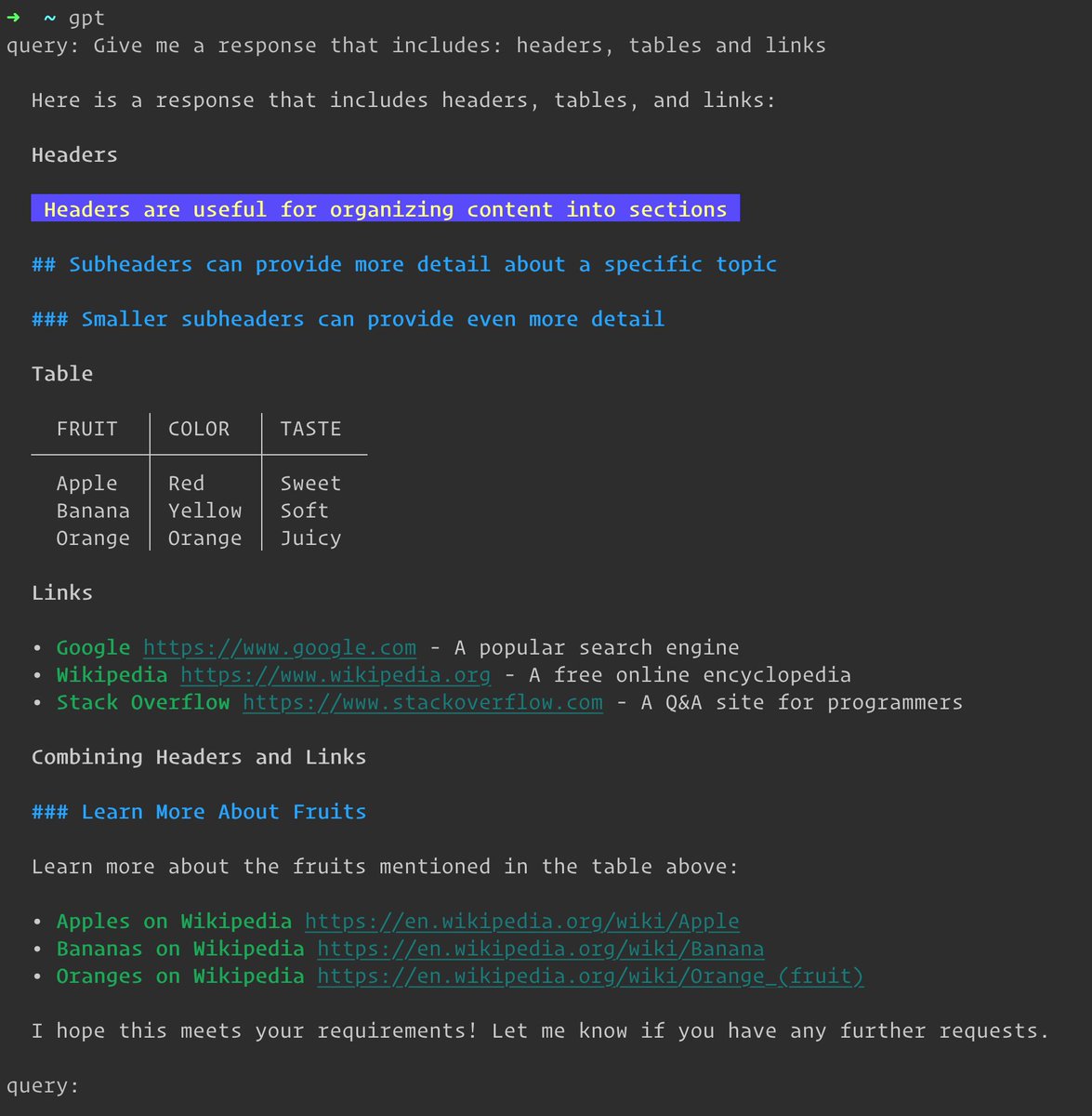 0xrishabh's tweet photo. Wow! Combining @GroqInc llama3 and @charmcli glow, you can create a ChatGPT-like CLI that is even faster than the real ChatGPT 🔥 https://t.co/Vhxsdk206Y