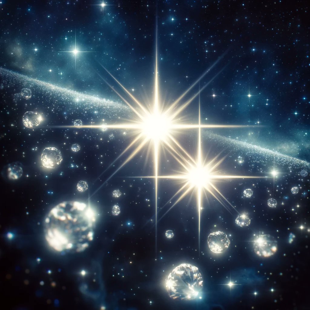 ✨🌌 From stellar dust to cosmic bling: White dwarfs reveal #DiamondStars in the universe's treasure chest. As they cool, these ancient stars crystallize carbon into massive diamond cores—outshining earthly gems. A sky full of timeless sparkle! 💎💫#astronomine #erasmusplus