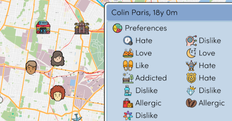 ParsleyPWG's tweet photo. A life sim where your characters have allergies and addictions