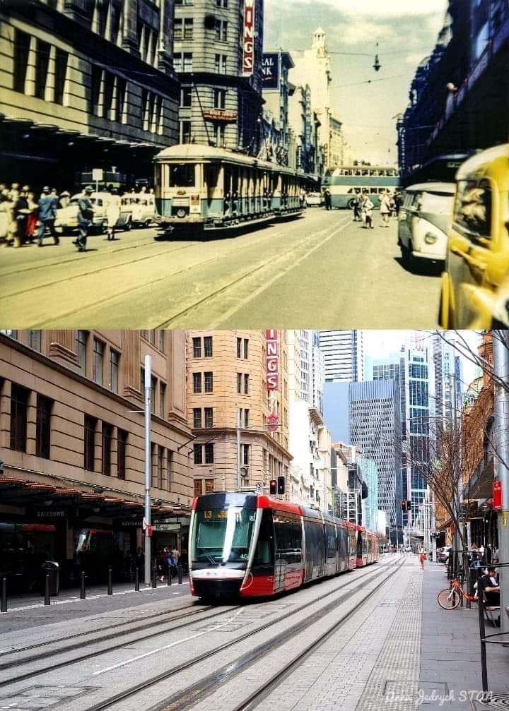 1955 ~ 2022 George St CBD, looking towards Market St and Gowings Building. This part of George St hasn't changed much, but the street in the background looks a little bit different... Photos: @cityofsydney / A Jedrych