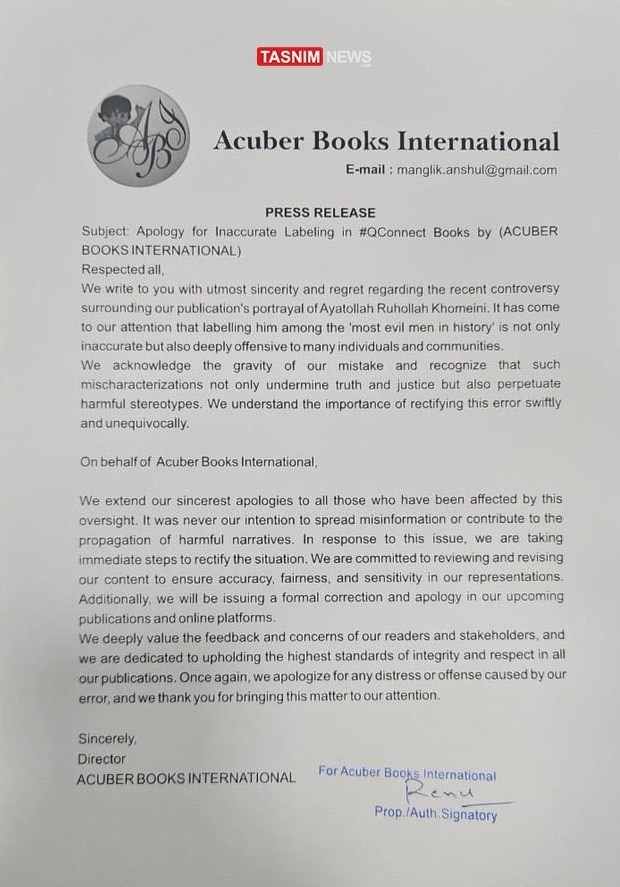 Publisher Apologizes for Insulting Ayatollah Khomeini in Indian Textbook Acuber Books International, a publisher from Uttar Pradesh, #India, has issued a formal apology after facing widespread criticism for derogatory references to Ayatollah Ruhollah Musavi Khomeini, the founder…