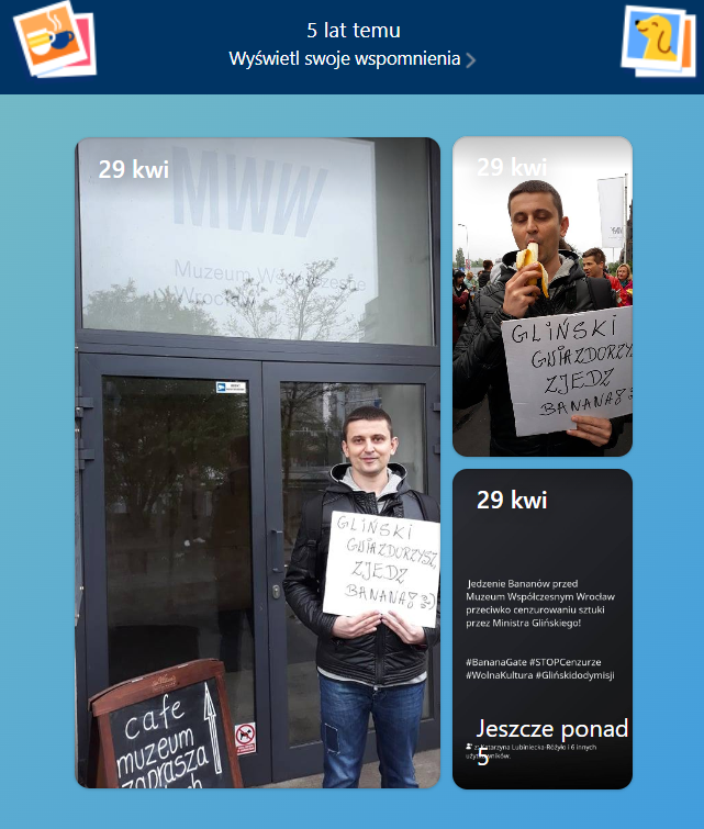 tyczynski_k's tweet photo. FB przypomniał. 29.04.2019 r. - #BananowyProtest przed Muzeum Współczesnym we Wrocławiu przeciwko cenzurowaniu sztuki (usunięcie z wystawy 2 dzieł autorstwa Natalii LL i Katarzyny Kozyry) przez ministra Glińskiego. Na zdjęciu z Maciejem Kurowickim z zespołu Hurt 🙂
#bananagate https://t.co/iWck5Qb2Ng