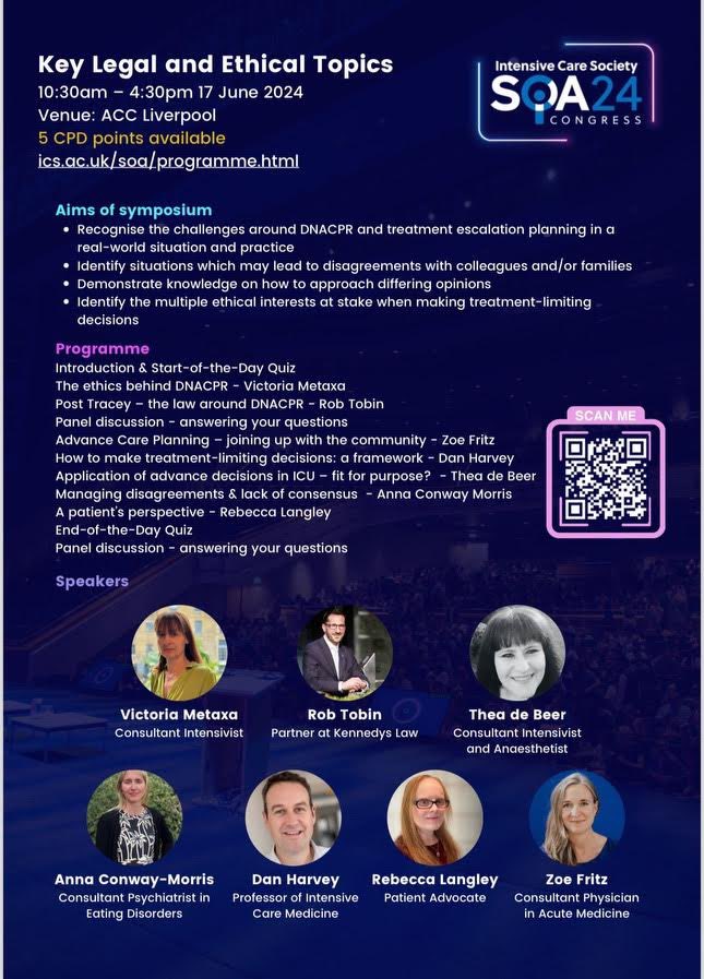 Join us at the @ICS_updates #SOA24 pre-congress Key Legal and Ethical session. I will be giving a patient’s perspective on my experience of CPR and why my #DNACPR is not a negative, but taking control of medical care. Scan the QR code for more info.