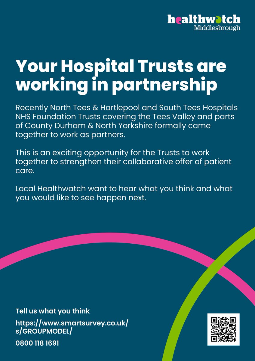 North Tees and Hartlepool and South Tees Hospital NHS Foundation Trusts formally came together to work in partnership. To make sure our future ways of working meet local needs we are seeking your views on what's important. smartsurvey.co.uk/s/GROUPMODEL/