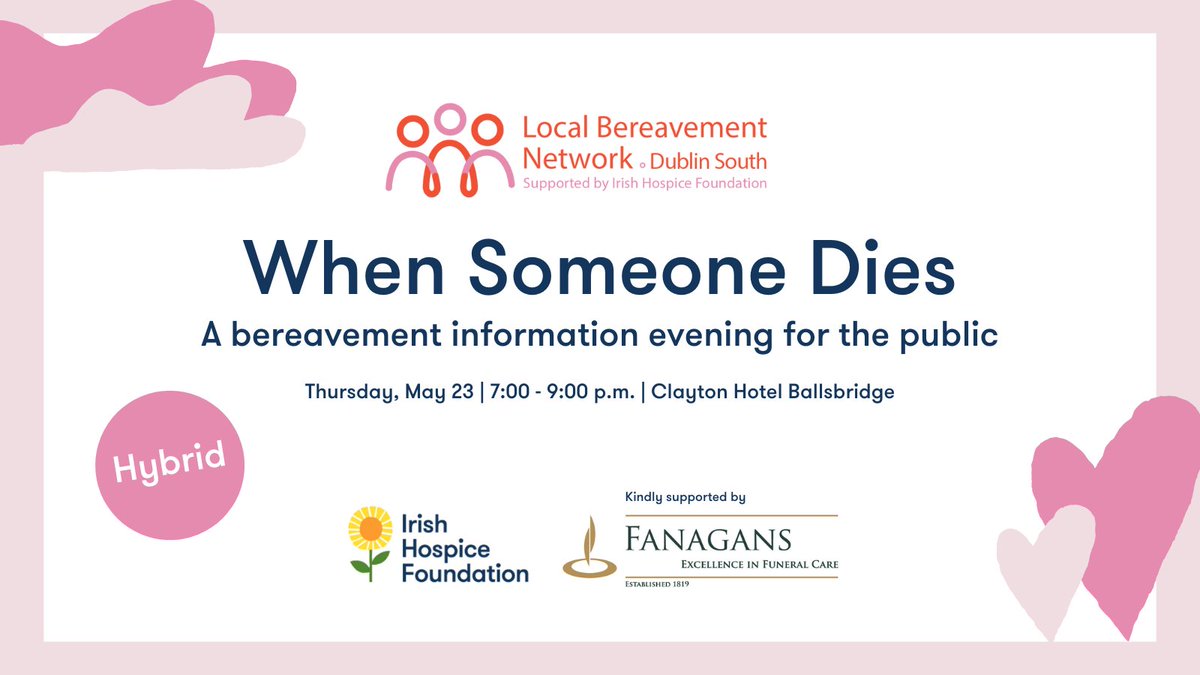 The South Dublin Bereavement Network is hosting this free information evening for anyone who is bereaved, supporting someone who is bereaved, or works in the community supporting those who are bereaved. Kindly supported by Fanagans. 💗 Register: eventbrite.ie/e/when-someone…
