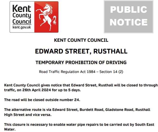 Rusthall, Edward Street. Road closed until 30th April for @sewateruk works.