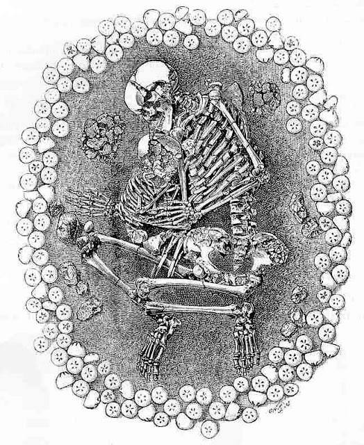 Squelette d'une femme et d'un enfant, dans une tombe saxonne à Dunstable Downs (Angleterre), entourés d'un cercle de tests d'oursins fossiles. Dessin tiré de 'Man, the primeval savage' - Smith W. G., 1894).