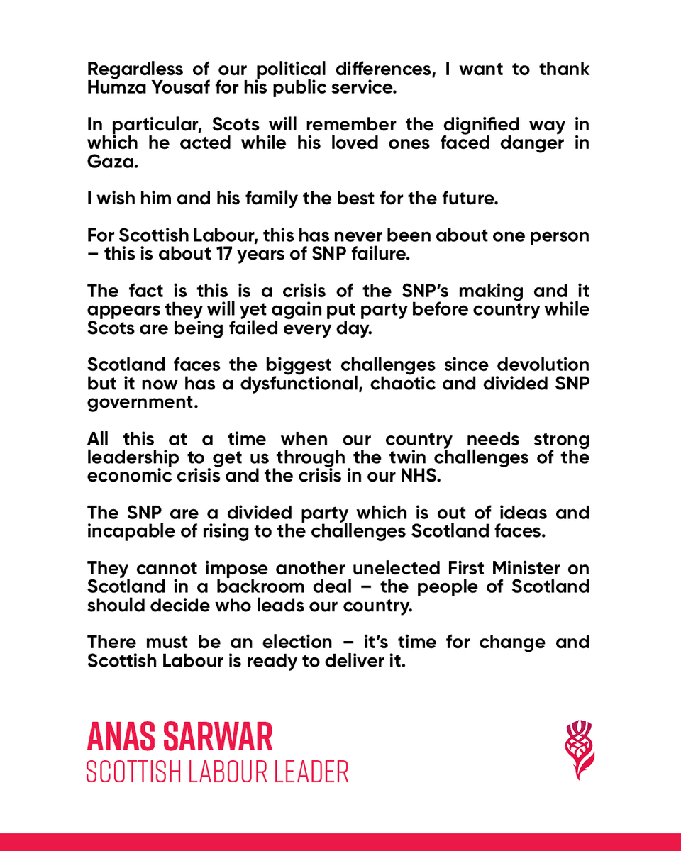 My statement on the resignation of Humza Yousaf as First Minister.