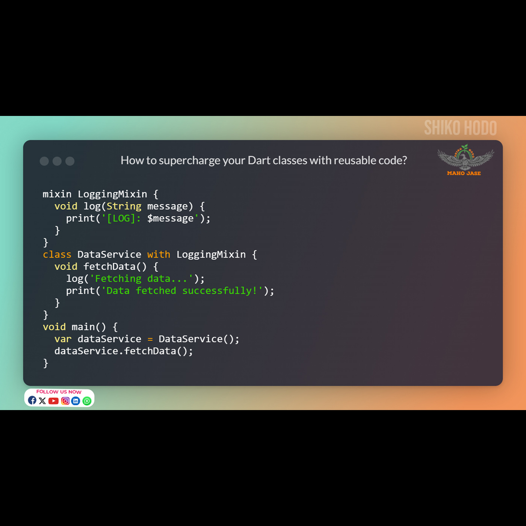 mahojase's tweet image. Boost your Dart classes with mixins for enhanced functionality! 🚀
.
.
.
#Dart #Mixins #CodeReuse #DeveloperTools #Programming #SoftwareDevelopment #DeveloperCommunity #CodingTips #TechTalk #CodeEfficiency
