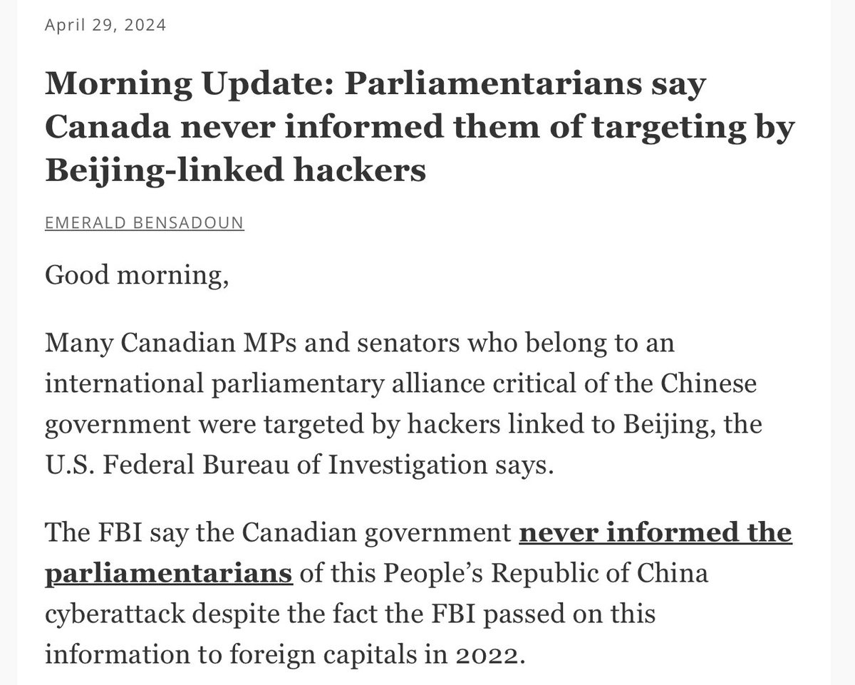 The FBI informed the Trudeau Govt that 18 CDN Members of Parliament and Senators who were investigating China, were targets of hacking by China. The Trudeau Govt never shared the info with any of them