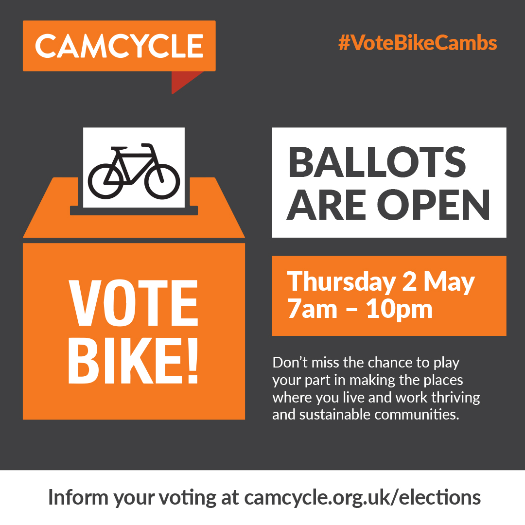 It's polling day in Cambridgeshire!🗳️ Ballots are open between 7am and 10pm.

✔️Use Camcycle's surveys on cycling &amp; transport to inform your vote
🚲 Cycle to your polling station if you can 
(#BikesAtPollingStations)
🪪 Don't forget to take photo ID

camcycle.org.uk/elections