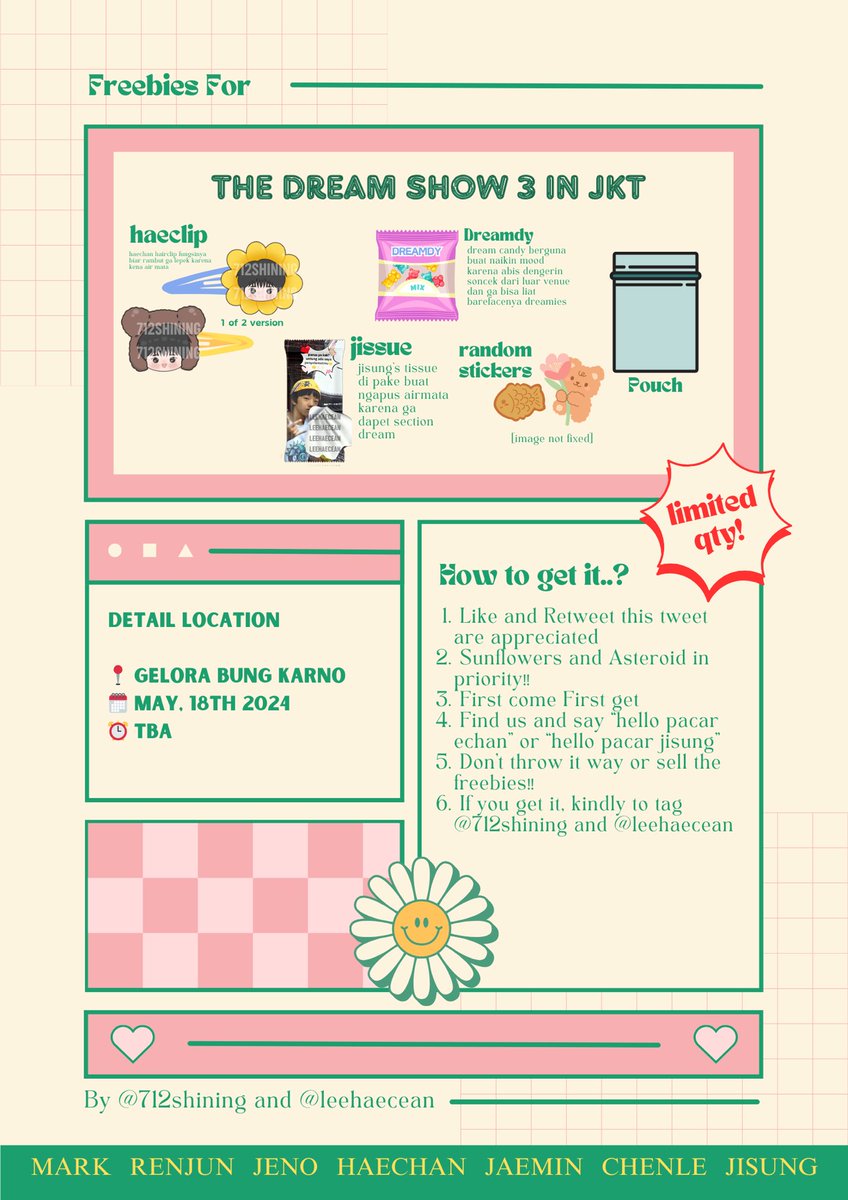 ꔫ . . rt & like are appreciate♡

FREEBIES THE DREAM SHOW 3 : DREAM()SCAPE in Jakarta★
by @712SHINING x @leehaecean

📆  18 MEI 2024
📍  GELORA BUNG KARNO
🕐  TBA
 
★ Limited Quantity⁉️

 #NCTDREAM_THEDREAMSHOW3_JAKARTA #THEDREAMSHOW3INJKT #TDS3 #TDS3inJakarta