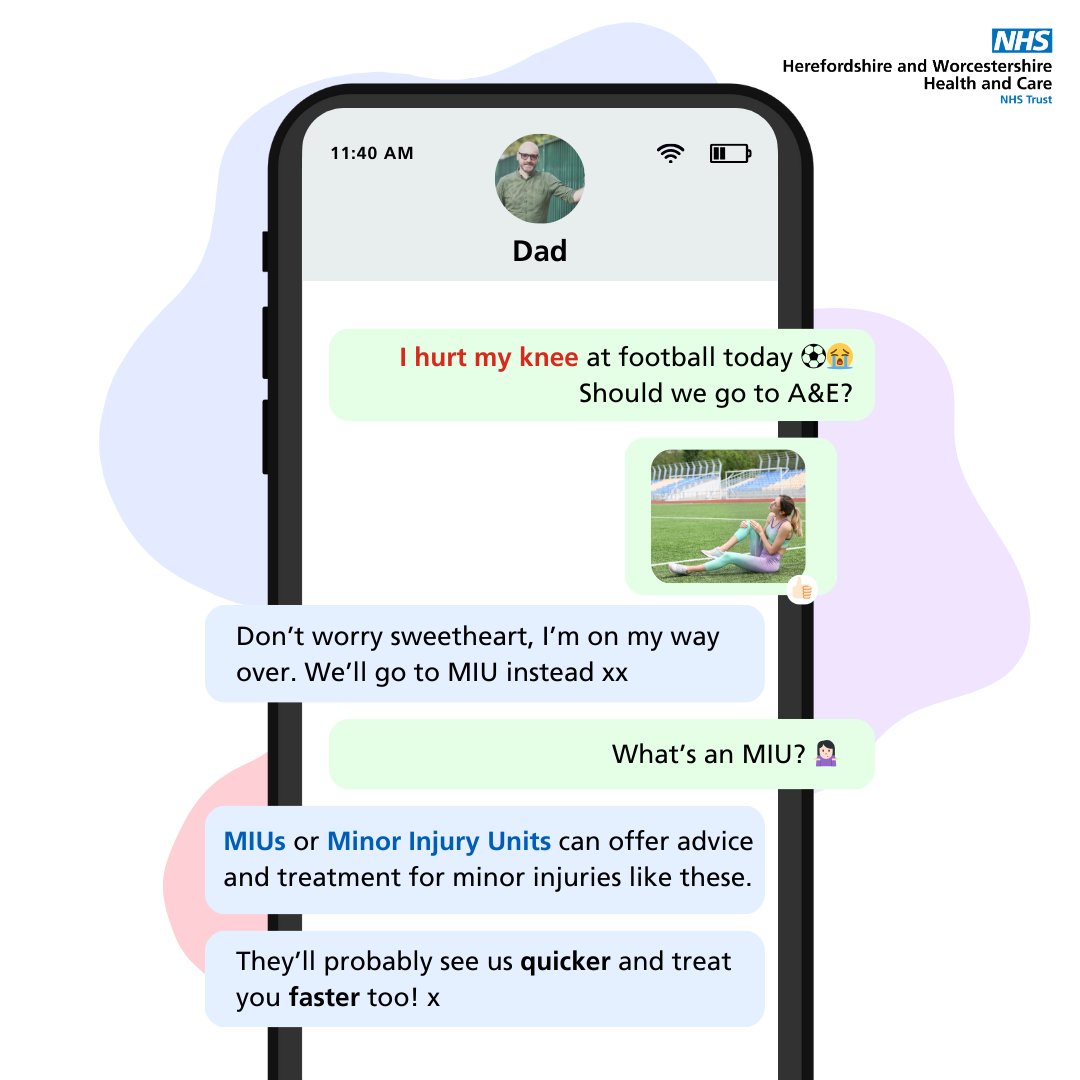 'Daddy I hurt my knee at football today. I need to go to A&E!' 😭⚽ Minor Injury Units (MIUs) are dedicated centres for treating minor injuries like cuts, sprains, strains, minor burns, and minor eye injuries 🏥🩹 Visit: hacw.nhs.uk/miu #PSA #Health #Wellbeing