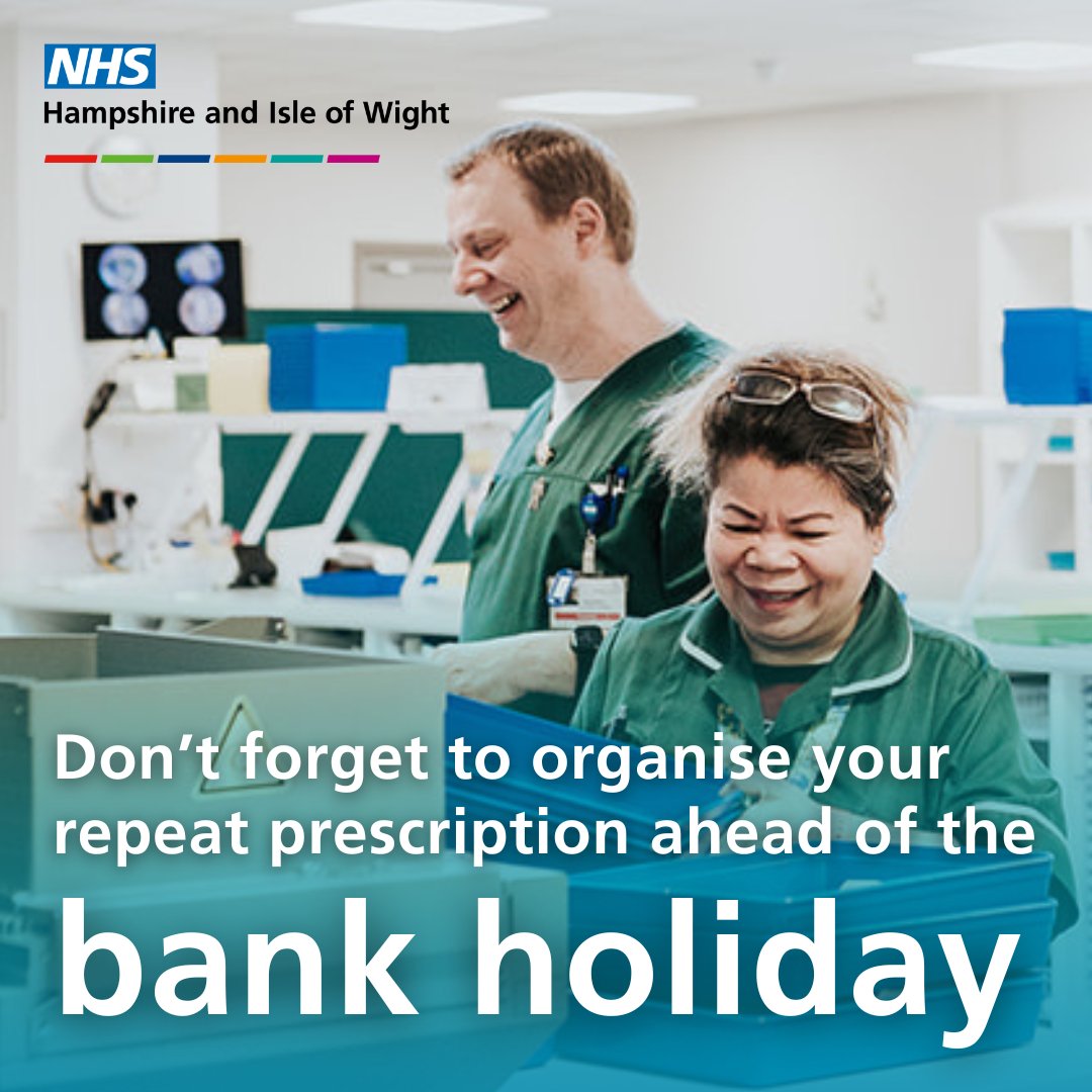 Whatever your bank holiday weekend plans are, don't forget to organise and collect your repeat prescription in plenty of time to avoid getting caught short. 💙