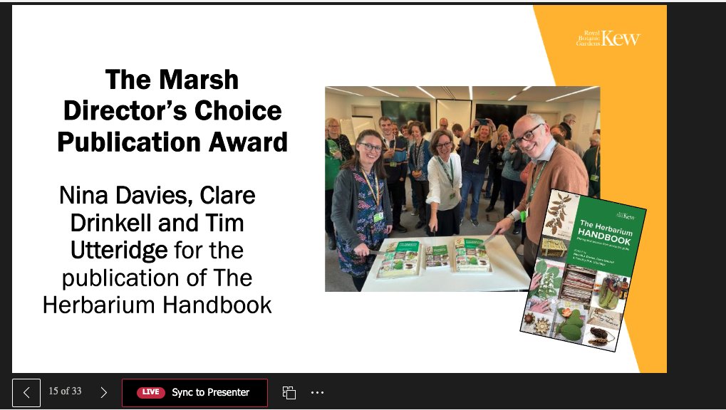 Congratulations to @timutteridge @Nina__Davies @claredrinkell for being awarded the Marsh Director's Choice Publication Award for the new edition of the Herbarium Handbook @kewgardens @KewScience @MarshAwards