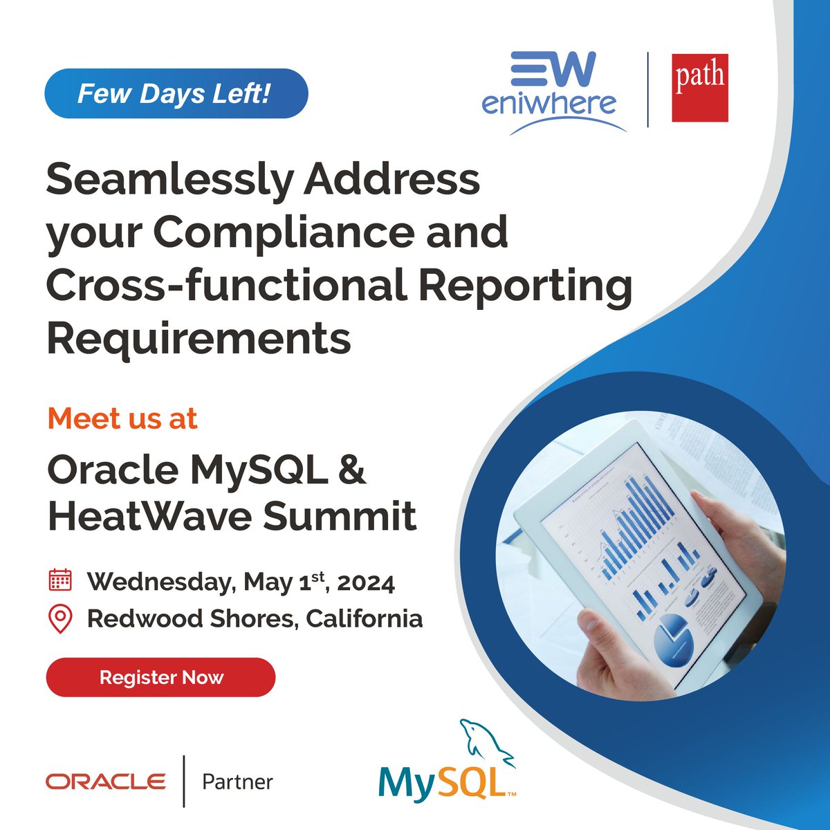 Excited for the #OracleMySQL Hosted – 2024 MySQL & HeatWave Summit? Join #Path as we unveil #eniwhere, our AI #ReportingPlatform, with pre-built reports for #OracleEBS!  

Don't miss out on this exclusive event – register now: buff.ly/3WeeKPD 

#MySQLSummit #OraclePartner