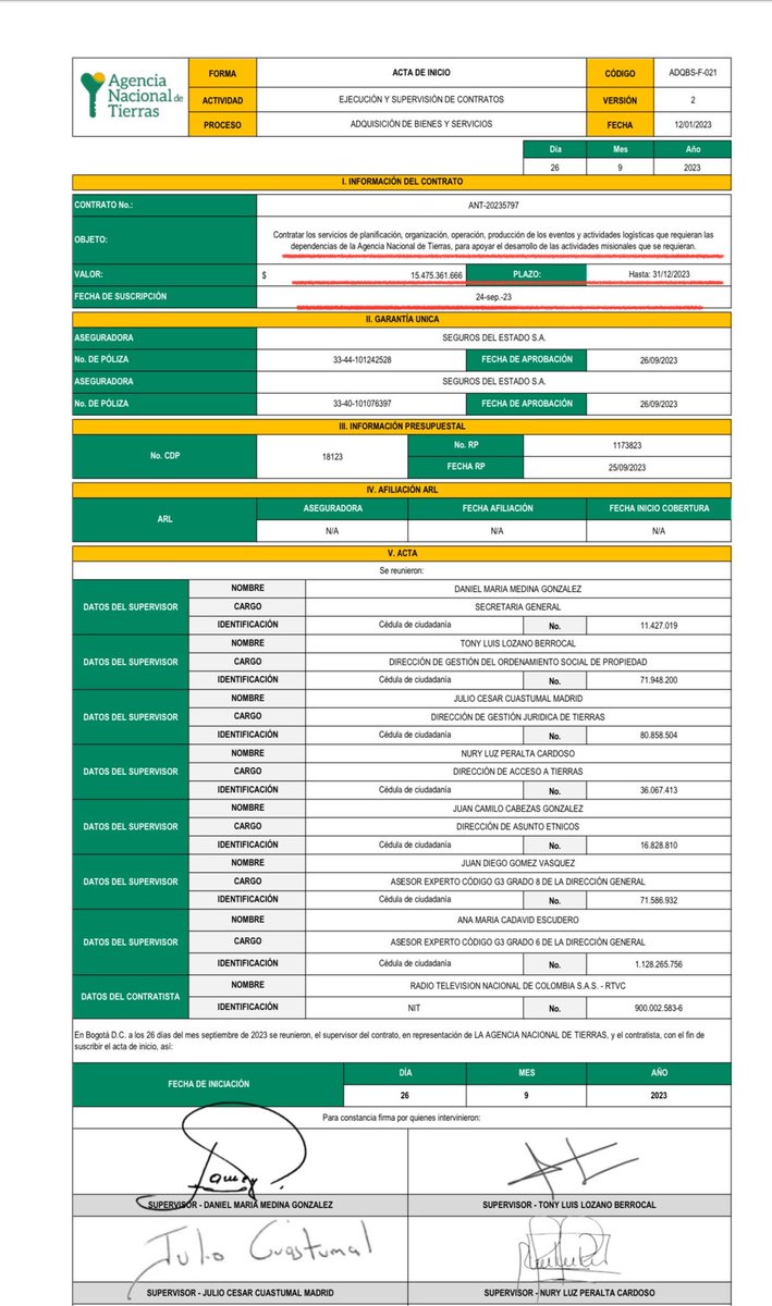 El 24 de septiembre de 2023 tan solo 3 días antes de las marchas del 27S en apoyo a Petro se firmó este convenio entre la Agencia Nacional de Tierras - ANT y RTVC por $15.475.361.666 para la operación logística de los eventos de la ANT.