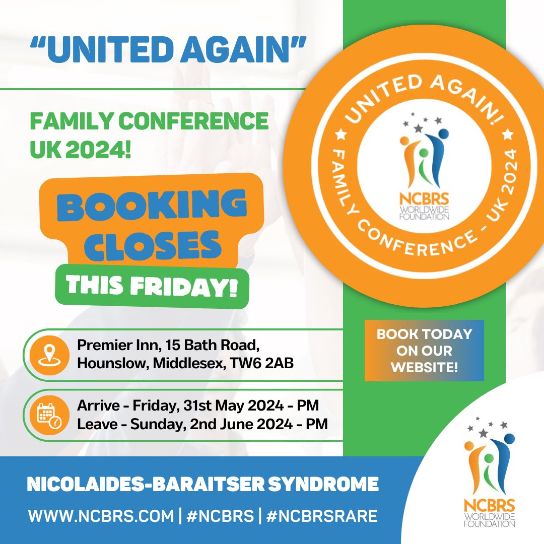 Time is running out to book your place at our “UNITED AGAIN” - Family Conference - UK 2024.

Booking closes this Friday, 3rd May at 11:59pm BST. We cannot wait to welcome you to our event!

Book here: buff.ly/4cDoLeM… 🧡💚💙 #NCBRS #NCBRSRare #NCBRSFamilyConference2024