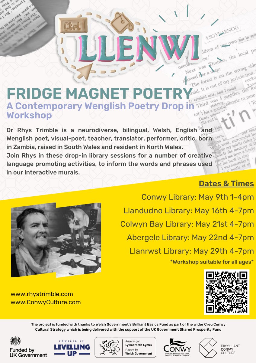 Fridge Magnet Poetry Workshops with Dr Rhys Trimble! ✍️ 🌟FIRST SESSION 🌟 📍 Conwy Library 📅 Thursday May 9th 🕙 1-4pm There is no need to book a space, come in and join in! bit.ly/3JEuK5X #LoveLibraries #LoveReading