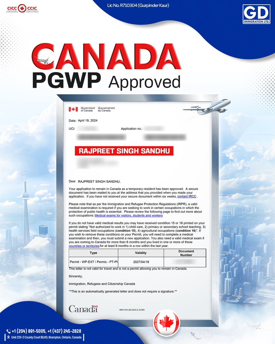 🚀 Rajpreet Singh Sandhu's Canadian dream comes true with the approval of his Post-Graduation Work Permit (PGWP) through the expert assistance of GD Immigration! 🇨🇦
.
.
#GDImmigration #Canada #CanadaPGWP #Immigration #Visa