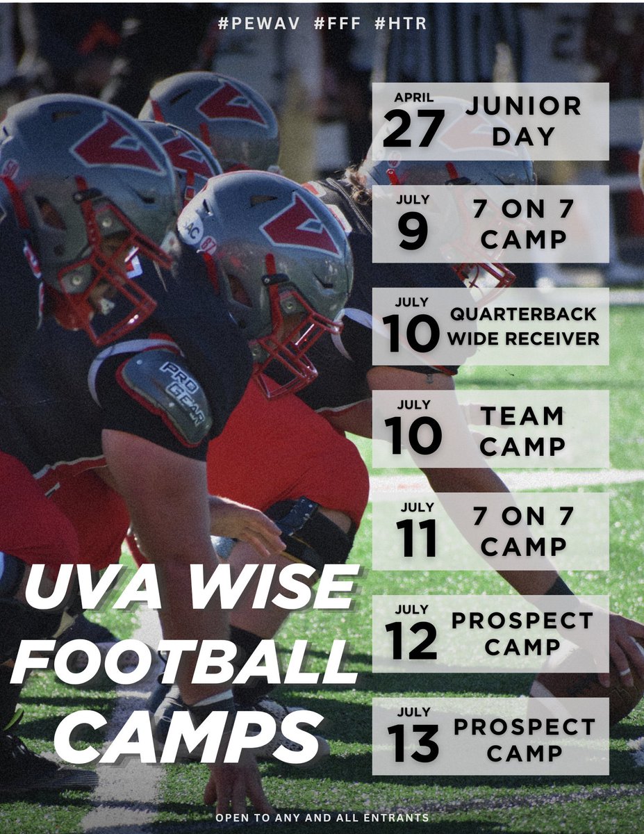 Come check out @UVAWiseCavsFB this summer and camp with the Cavs. Get a chance to see our beautiful campus and work with our coaching staff. See you all this summer. #PEWAV #FFF #HTR uvawisefootball.totalcamps.com/About%20Us