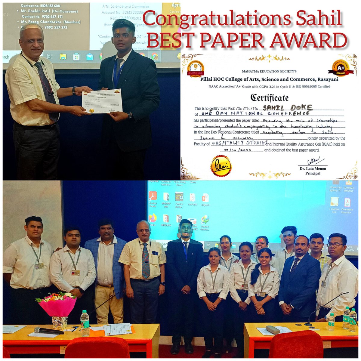 *Congratulations🎉*
*Congratulations🎉*
*SAHIL DOKE* , Ty BSc HS, BVCHTMS, Navi Mumbai*
*WON THE*🏆🥇BEST PAPER AWARD🥇* 
For his Research Paper
*'Evaluating the Role of Internships in Enhancing Students Employability in the Hospitality Industry'*
Co Authored by Aniket V. Sarode