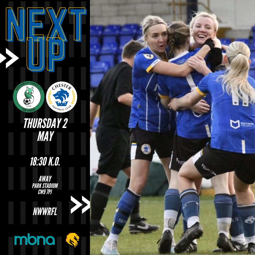 🔜 𝐍𝐞𝐱𝐭 𝐮𝐩! On Thursday we travel to @northwichvixens for our last game of the season! 🆚 @northwichvixens 🗓️ Thursday 2nd May ⌚️ 18:30pm K.O. 📍 Park Stadium 🏆 NWWRFL Let’s end the season on a high 🦭 #OurClub | #ChesterFC 🔵⚪️