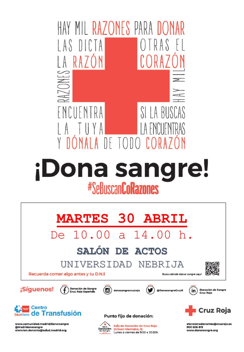 ¡Nos sumamos a la campaña #SeBuscanCorazones de la @CruzRojaMadrid! Si estás mañana por la mañana en el Campus de Madrid-Princesa, vente a donar al Salón de Actos desde las 10h a las 14h. Te esperamos.