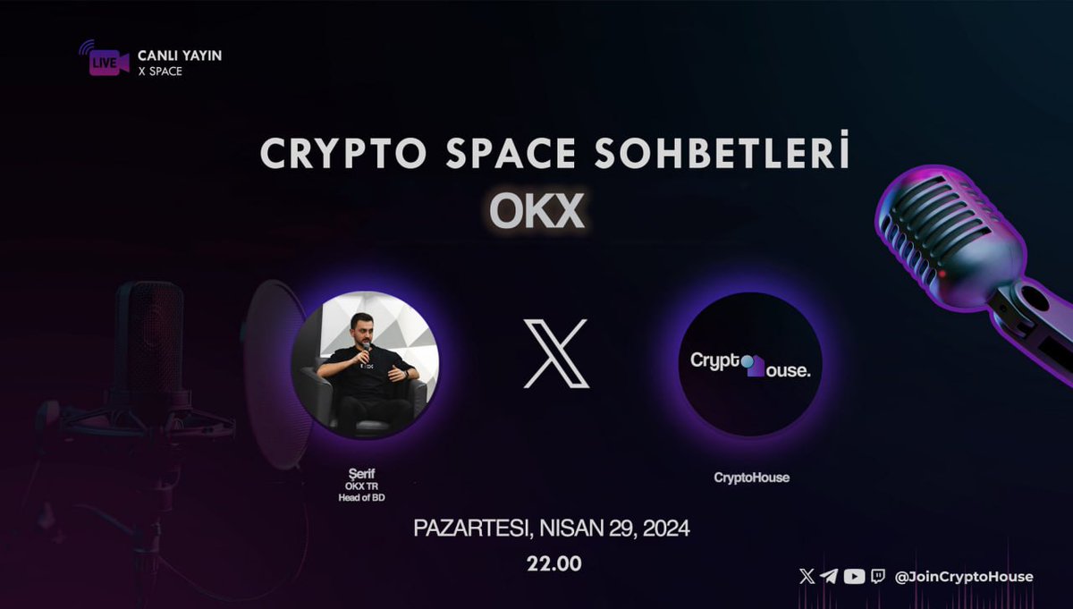 🌟 Bugün günlerden Crypto Space! 🔸Değerli konuğumuz @OKXTurkiye Head of BD @serifalienes! ⏰Bu akşam saat 22:00'da gerçekleştireceğimiz Space etkinliğimize tüm #crypto severleri bekliyoruz. ☕️Bu keyifli sohbeti kaçırmayın!