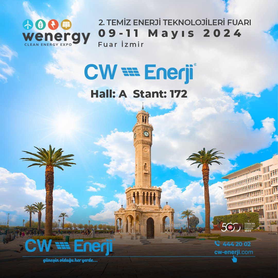 CW Enerji olarak 9-11 Mayıs 2024 tarihleri arasında 2. Temiz Enerji Teknoloji Fuarında tüm enerjimizle olacağız. Fuar İzmir'de Hall:A'da bulunan 172 Nolu CW Enerji standımıza tüm sektör paydaşlarını ve katılımcıları davet ediyoruz.

#cwene #cwenerji