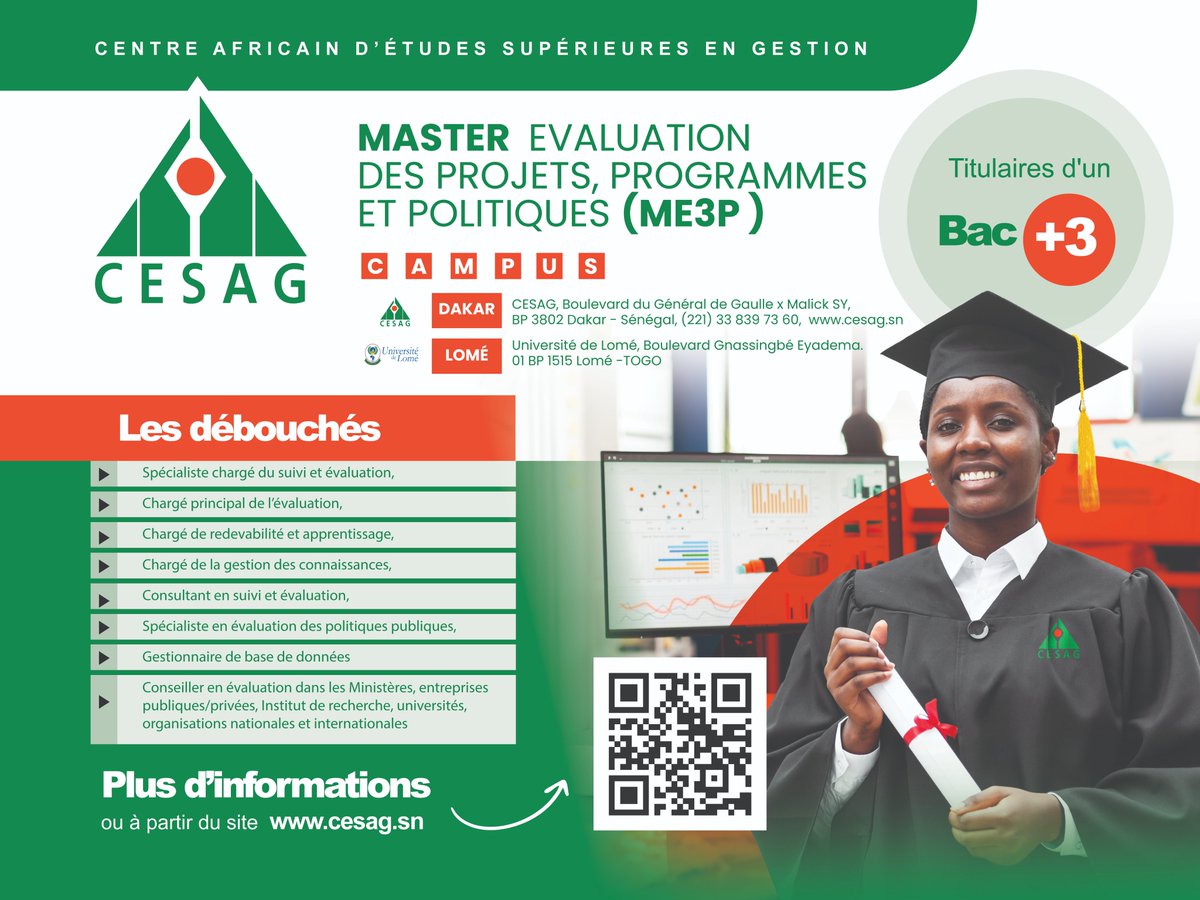 🚀Explorez de nouveaux horizons avec le #ME3P- Master en #Évaluation des Projets, Progr. et Politiques du #CESAG!🌟qui ouvre un nouveau campus à Lomé. Ne ratez pas le concours d'admission:25 mai &amp; 27 juillet 2024📅✨Préinscrivez-vous dès auj.pour recevoir votre convocation!🎓📈