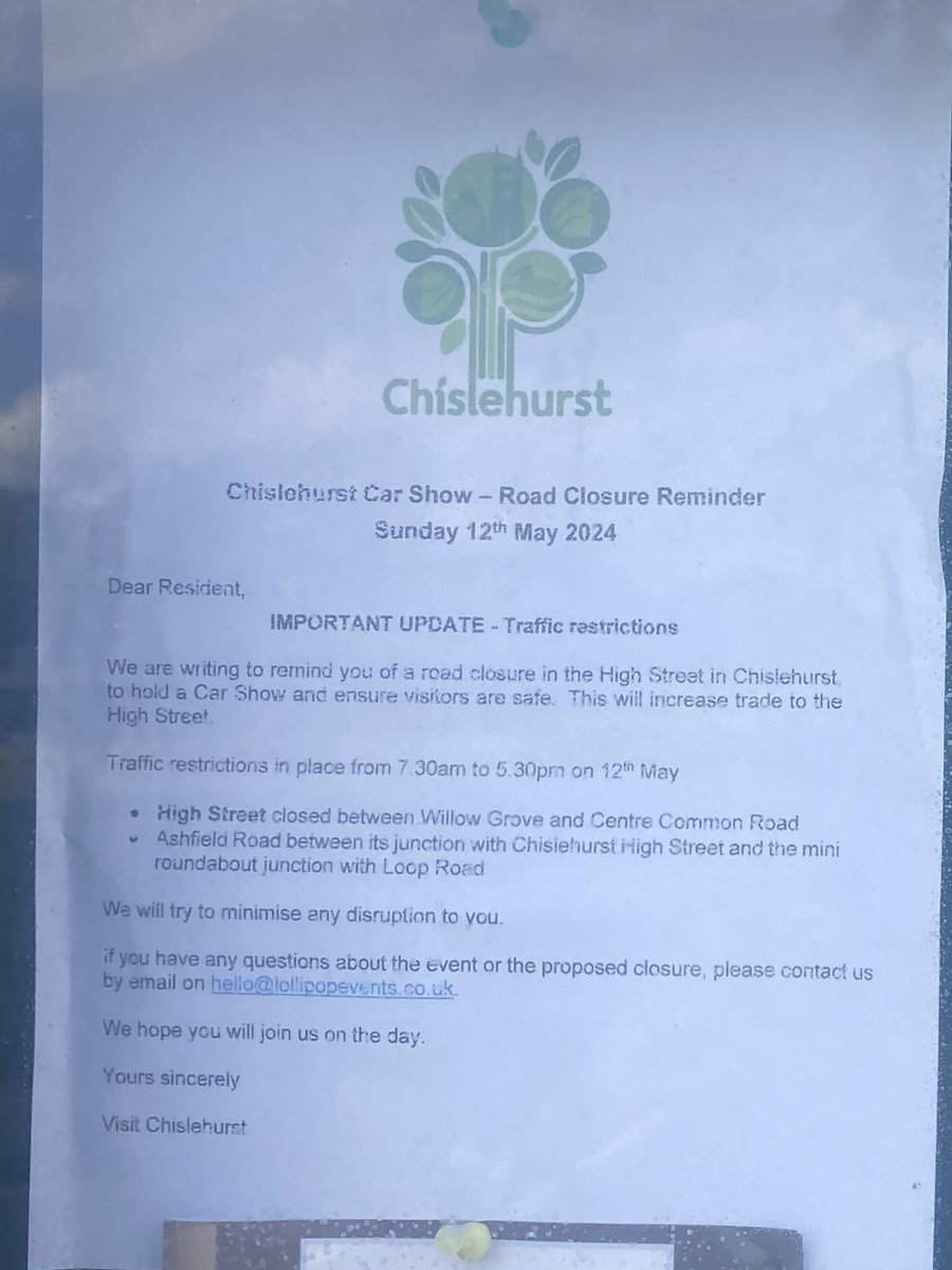 Just a reminder to local residents of the road closures on Sunday 12th May for the annual Chislehurst Car Show