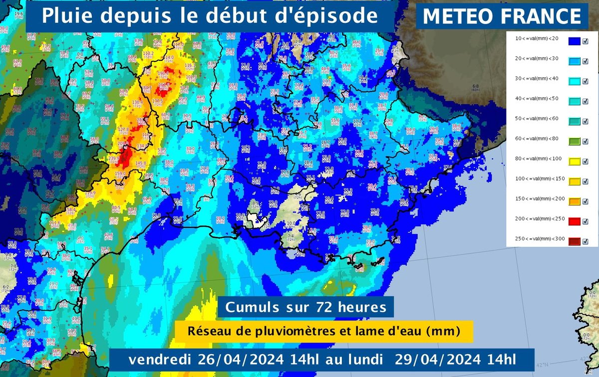 Bilan de l'épisode cévenol de ce week-end. Le maximum ponctuel en 24h est de l'ordre de 200mm à Barnas (07) dans la journée de dimanche. Ci-dessous les cumuls sur 72h entre vendredi midi et ce lundi midi. Aujourd'hui les pluies font du bien aux Pyrénées Orientales et l'Aude.