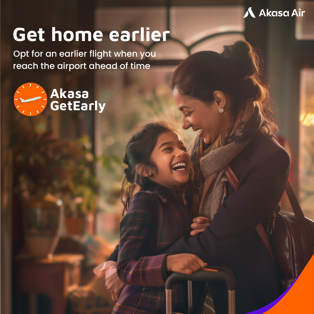 Reached the airport ahead of time? Enjoy greater flexibility and convenience with Akasa GetEarly! ⌚✈️ Seamlessly switch to an earlier flight at the airport, within the same day. Know more here: bit.ly/qpgetearly #AkasaAir #ItsYourSky #TheAkasaExperience