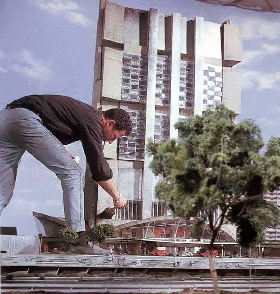 Derek Meddings putting some last minute touches to a Captain Scarlet And The Mysterons building - before he blows it all up! #gerryanderson #sylviaanderson #fanderson #captainscarlet #1960s
