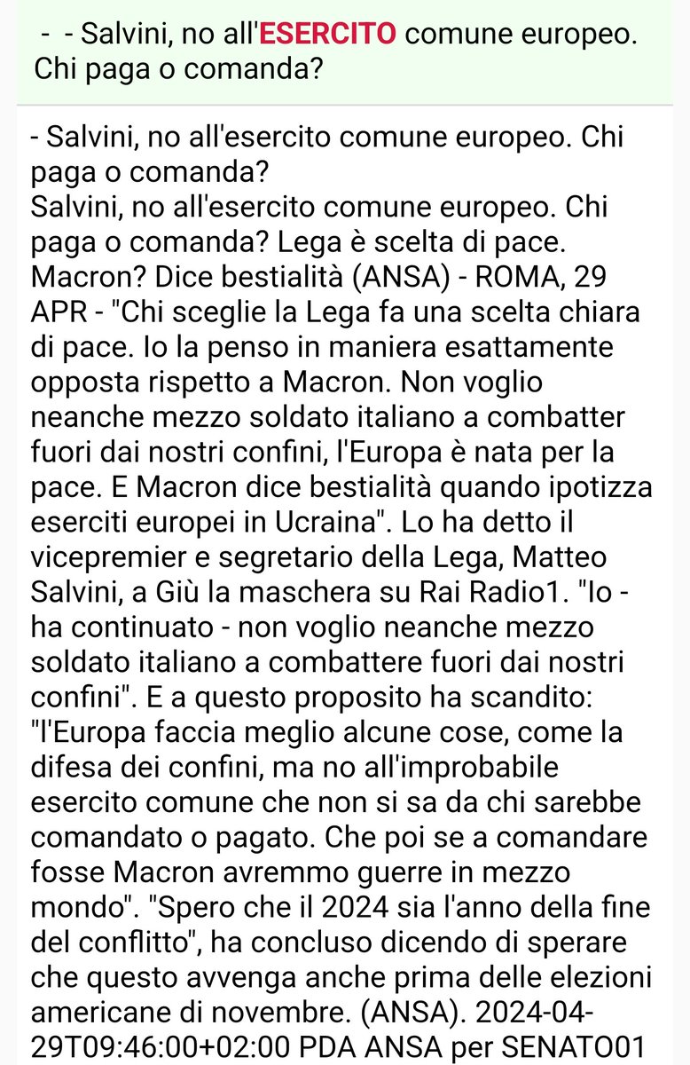 Per noi è NO a esercito comune europeo. Le forze armate devono essere nazionali. Altri, anche alleati invece lo vorrebbero? Non siamo lo stesso partito e non siamo lo stesso gruppo al parlamento UE. Penso che siano cose opportune da sapere prima del voto. #PiùItaliaMenoEuropa