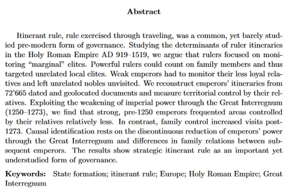 AndrejKokkonen's tweet photo. New paper: *Rulers on the Road*. We map emperors’ itinerant rule in the Holy Roman Empire from 719 to 1519 and shed light on how they projected power without centralized bureaucracies. Very fun project with @c_muellercrepon @Clara_NW &amp; Jørgen Møller https://t.co/cpQsbJnrBk https://t.co/W2t3yYPSQr