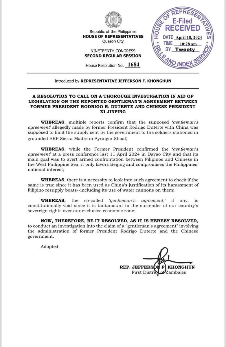 BREAKING: The Philippine @HouseofRepsPH has adopted a resolution to officially start an investigation on former President Rodrigo Duterte's #SecretDeal with China.

You may recall that the #SecretDeal involved withdrawing or scaling down Armed Forces of the Philippines presence
